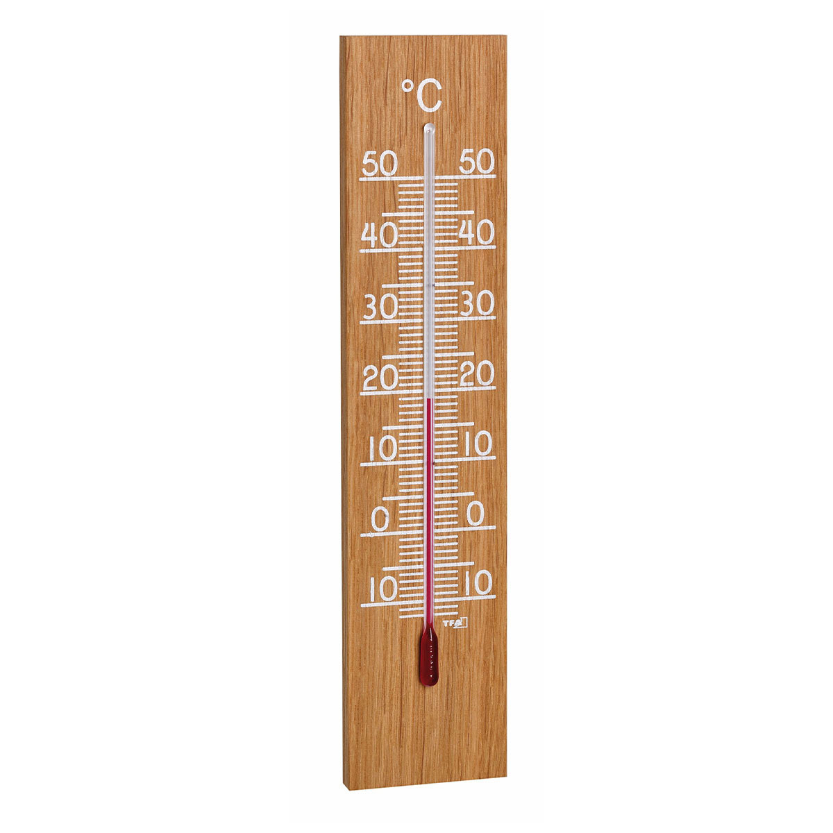 Analogue indoor-outdoor-thermometer made of oak