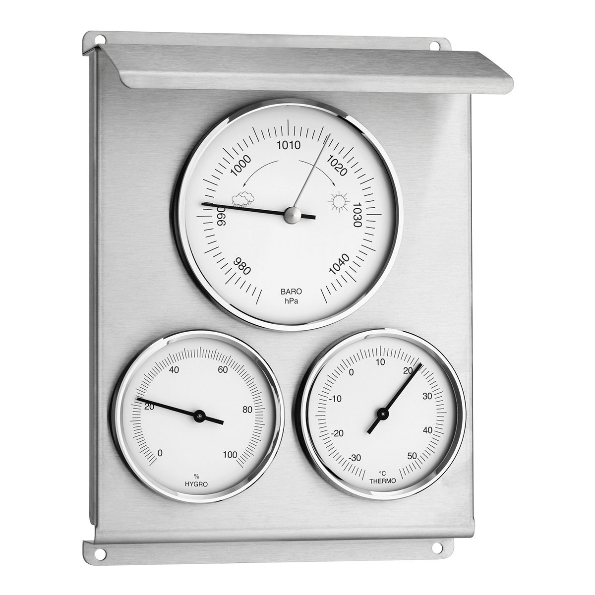 Analogue outdoor weather station made of stainless steel
