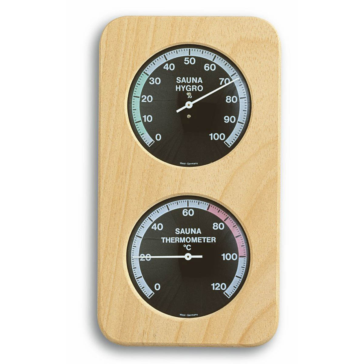 Analogue sauna thermo-hygrometer with wooden frame